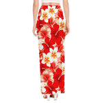 Red Hibiscus Plumeria Pattern Print High Slit Maxi Skirt