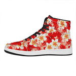 Red Hibiscus Plumeria Pattern Print High Top Leather Sneakers