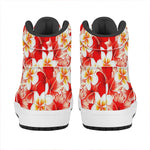 Red Hibiscus Plumeria Pattern Print High Top Leather Sneakers
