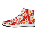 Red Hibiscus Plumeria Pattern Print High Top Leather Sneakers