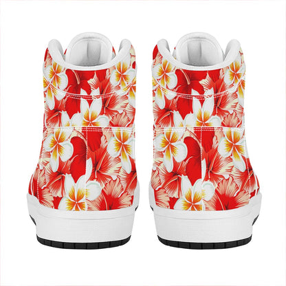 Red Hibiscus Plumeria Pattern Print High Top Leather Sneakers