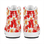 Red Hibiscus Plumeria Pattern Print High Top Leather Sneakers