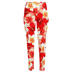 Red Hibiscus Plumeria Pattern Print High-Waisted Pocket Leggings