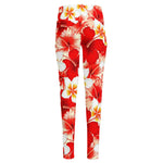 Red Hibiscus Plumeria Pattern Print High-Waisted Pocket Leggings