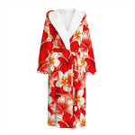 Red Hibiscus Plumeria Pattern Print Hooded Bathrobe