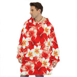 Red Hibiscus Plumeria Pattern Print Hoodie Blanket