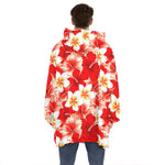 Red Hibiscus Plumeria Pattern Print Hoodie Blanket
