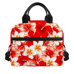 Red Hibiscus Plumeria Pattern Print Insulated Lunch Bag