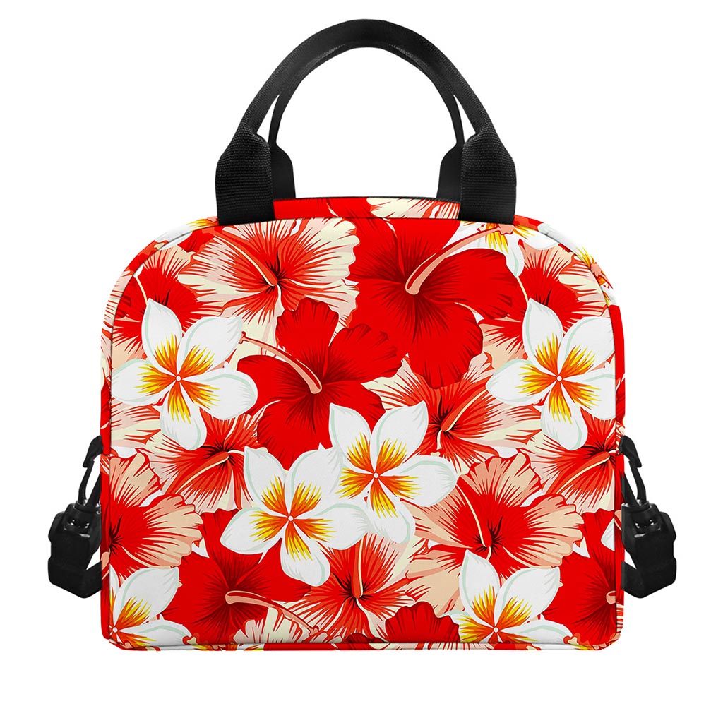 Red Hibiscus Plumeria Pattern Print Insulated Lunch Bag