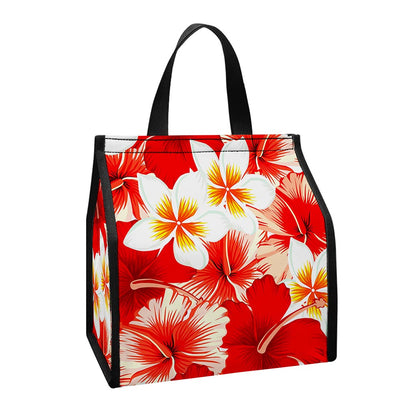 Red Hibiscus Plumeria Pattern Print Insulated Lunch Tote