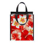 Red Hibiscus Plumeria Pattern Print Insulated Lunch Tote