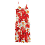 Red Hibiscus Plumeria Pattern Print Jersey Midi Cami Dress
