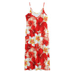 Red Hibiscus Plumeria Pattern Print Jersey Midi Cami Dress