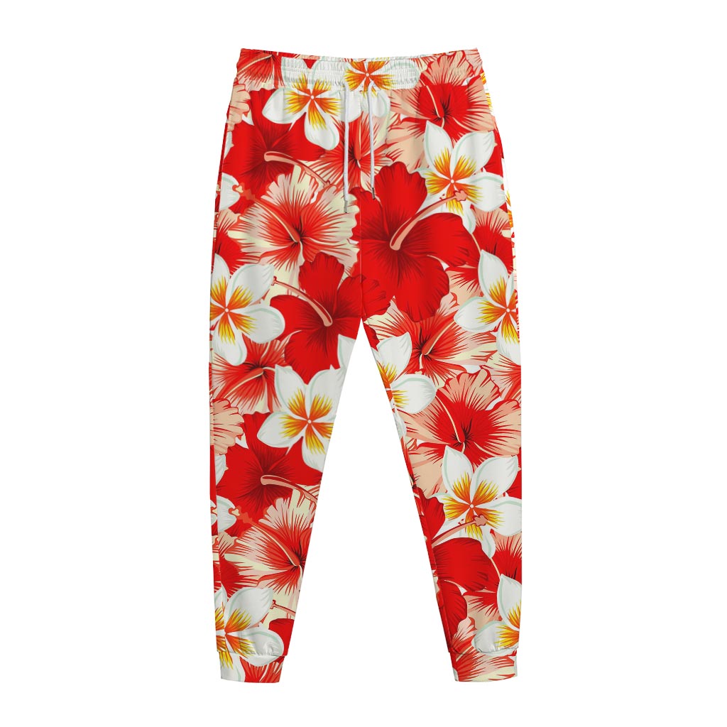 Red Hibiscus Plumeria Pattern Print Jogger Pants