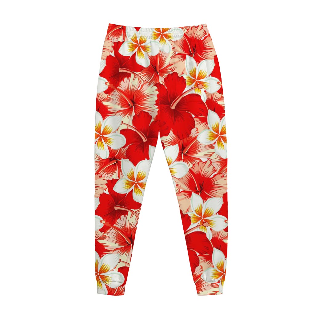 Red Hibiscus Plumeria Pattern Print Jogger Pants