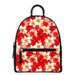Red Hibiscus Plumeria Pattern Print Leather Backpack