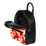 Red Hibiscus Plumeria Pattern Print Leather Backpack