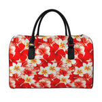 Red Hibiscus Plumeria Pattern Print Leather Duffle Bag