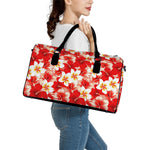 Red Hibiscus Plumeria Pattern Print Leather Duffle Bag