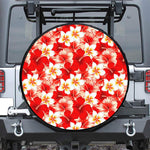 Red Hibiscus Plumeria Pattern Print Leather Spare Tire Cover