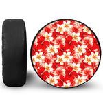 Red Hibiscus Plumeria Pattern Print Leather Spare Tire Cover