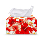 Red Hibiscus Plumeria Pattern Print Leather Tissue Box Cover