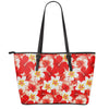 Red Hibiscus Plumeria Pattern Print Leather Tote Bag