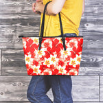 Red Hibiscus Plumeria Pattern Print Leather Tote Bag