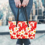 Red Hibiscus Plumeria Pattern Print Leather Tote Bag