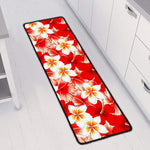Red Hibiscus Plumeria Pattern Print Long Kitchen Mat
