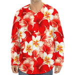 Red Hibiscus Plumeria Pattern Print Long Sleeve Baseball Jersey