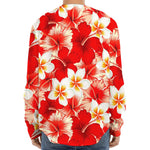 Red Hibiscus Plumeria Pattern Print Long Sleeve Baseball Jersey