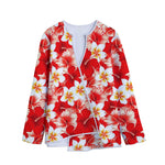 Red Hibiscus Plumeria Pattern Print Long Sleeve Short Coat