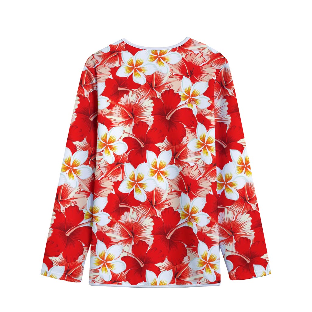 Red Hibiscus Plumeria Pattern Print Long Sleeve Short Coat