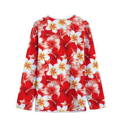 Red Hibiscus Plumeria Pattern Print Long Sleeve Short Coat