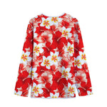 Red Hibiscus Plumeria Pattern Print Long Sleeve Short Coat