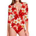 Red Hibiscus Plumeria Pattern Print Long Sleeve Swimsuit