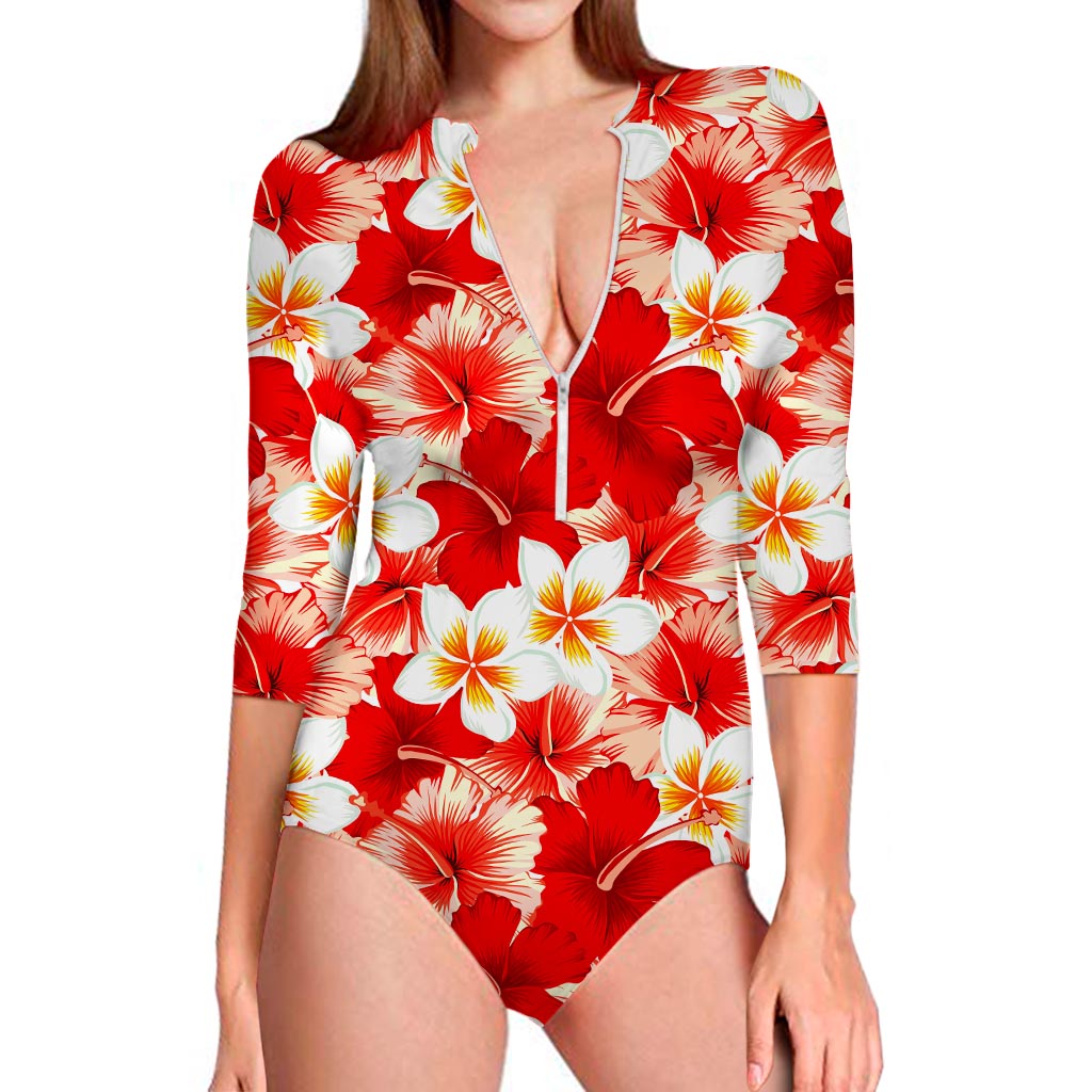Red Hibiscus Plumeria Pattern Print Long Sleeve Swimsuit