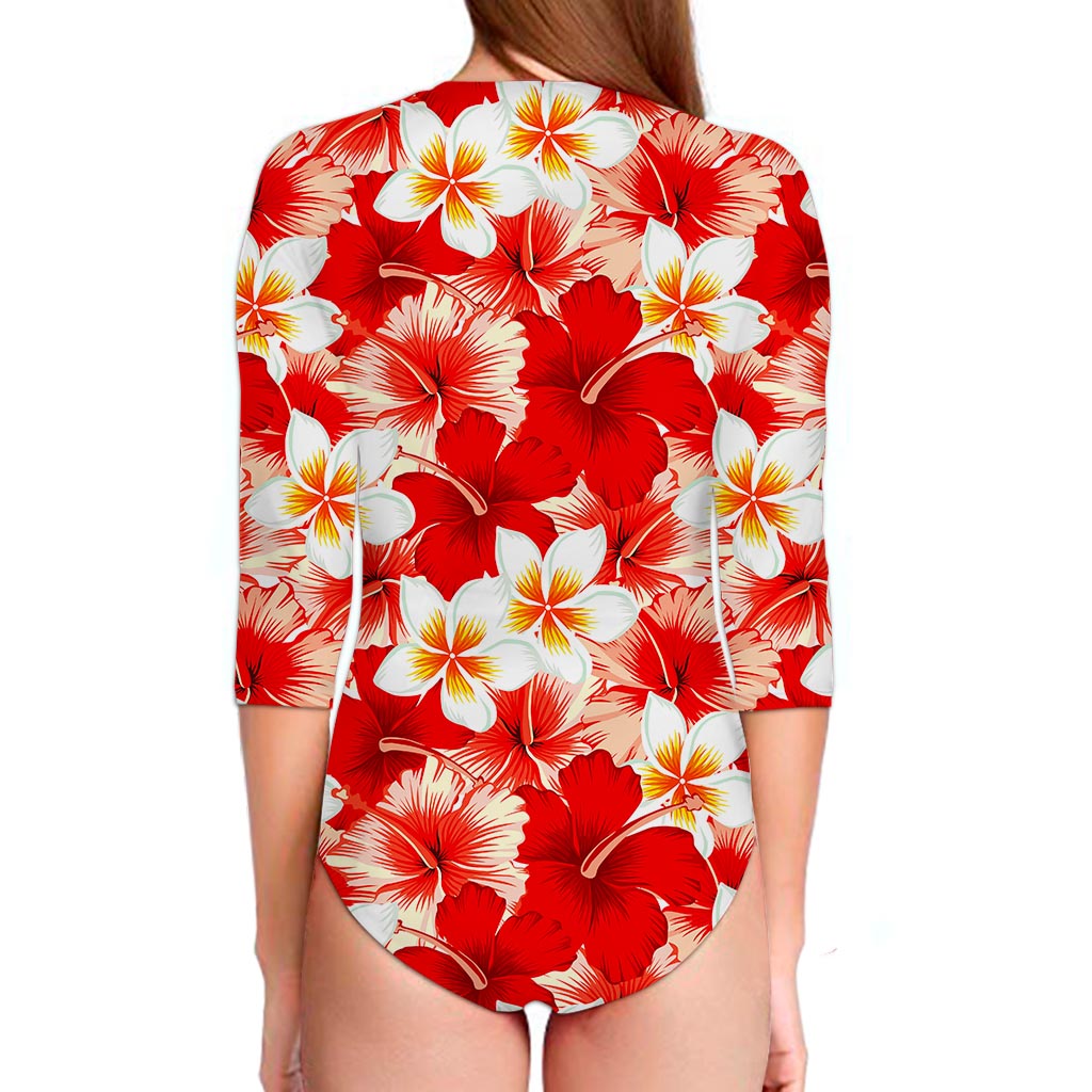 Red Hibiscus Plumeria Pattern Print Long Sleeve Swimsuit