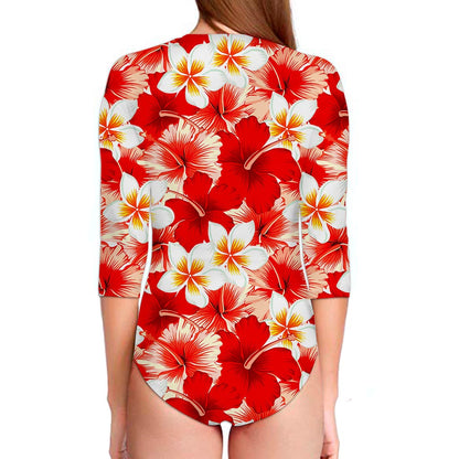 Red Hibiscus Plumeria Pattern Print Long Sleeve Swimsuit