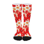 Red Hibiscus Plumeria Pattern Print Long Socks