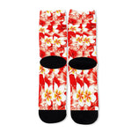 Red Hibiscus Plumeria Pattern Print Long Socks