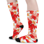 Red Hibiscus Plumeria Pattern Print Long Socks
