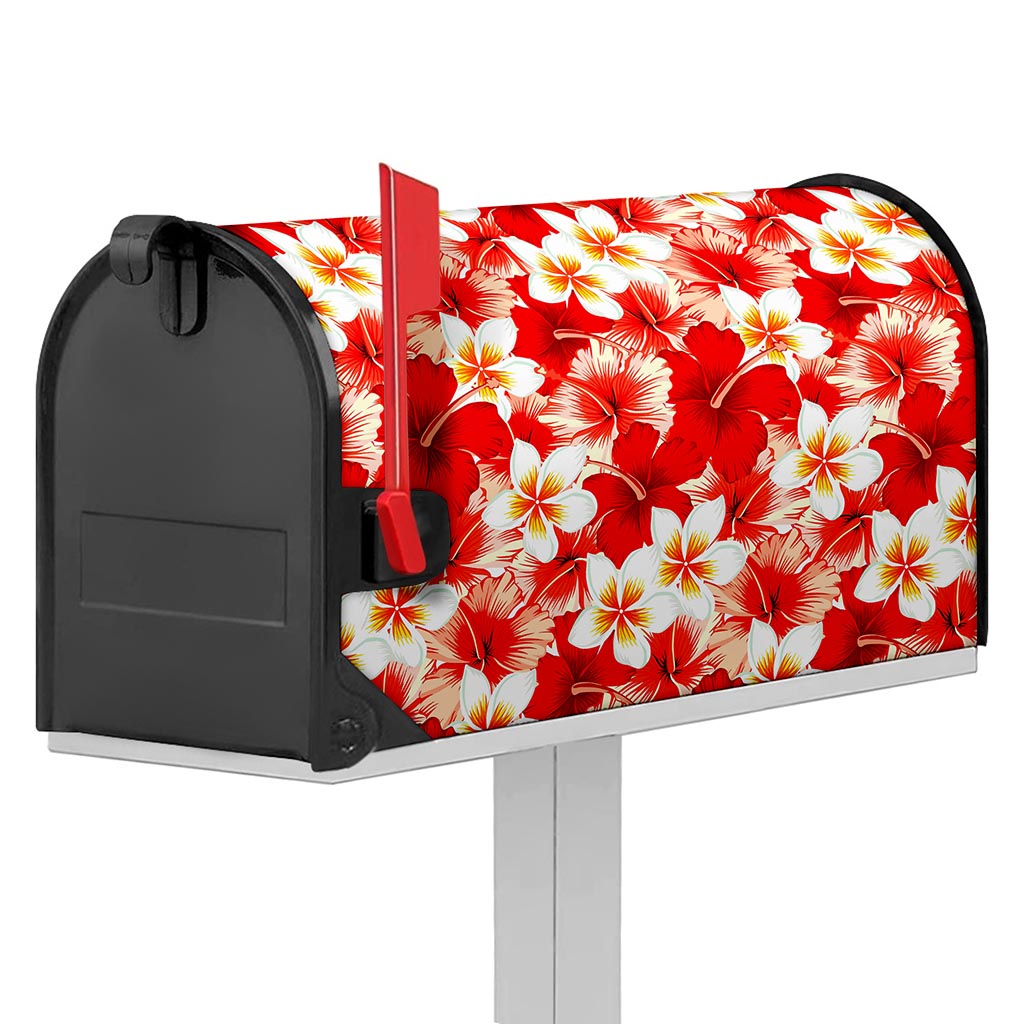 Red Hibiscus Plumeria Pattern Print Mailbox Cover