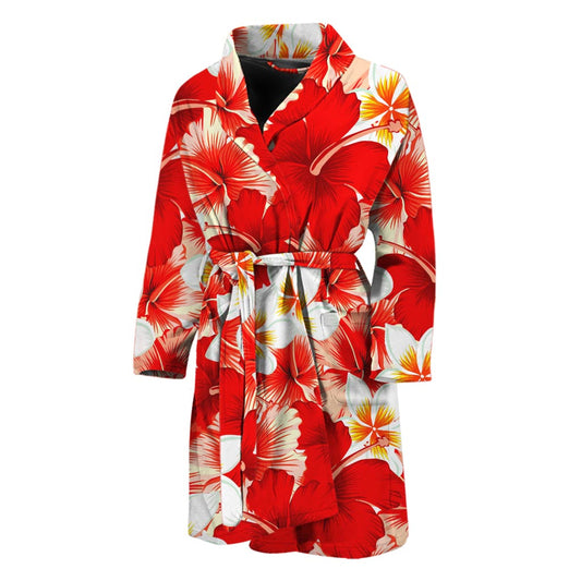 Red Hibiscus Plumeria Pattern Print Men's Bathrobe