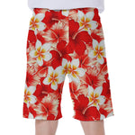 Red Hibiscus Plumeria Pattern Print Men's Beach Shorts