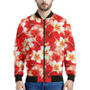 Red Hibiscus Plumeria Pattern Print Men's Bomber Jacket