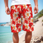 Red Hibiscus Plumeria Pattern Print Men's Cargo Shorts