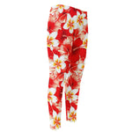 Red Hibiscus Plumeria Pattern Print Men's Compression Pants
