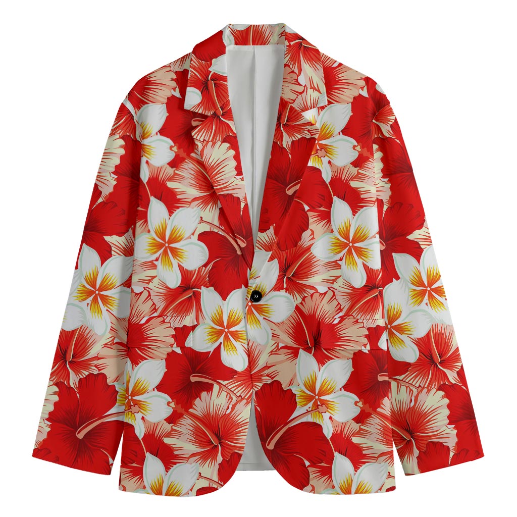 Red Hibiscus Plumeria Pattern Print Men's Cotton Blazer